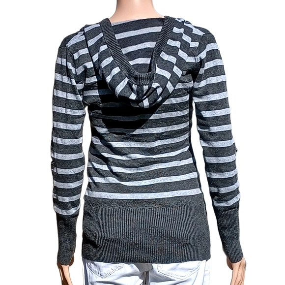 Deb Vneck Women Stretchy Hooded Sweatshirt Gray and White Stripes M - Picture 2 of 13